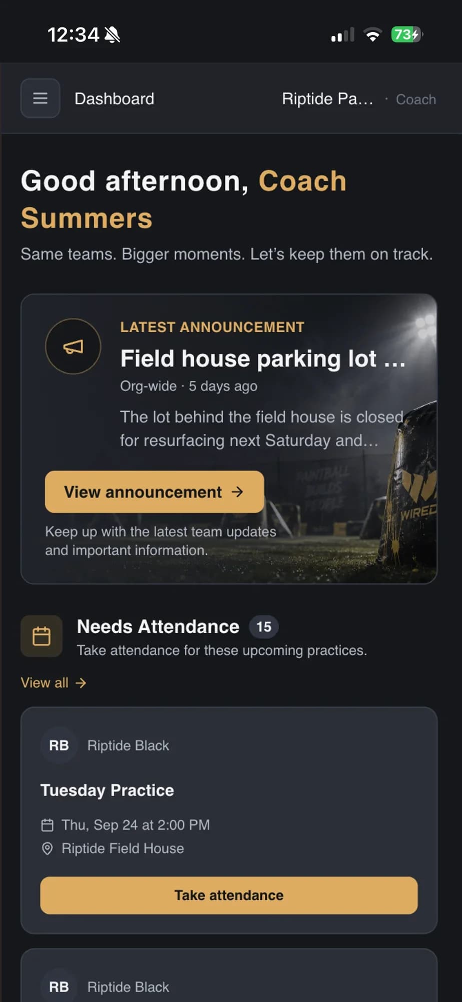 WiredPB coach dashboard showing the latest announcement and practices that need attendance