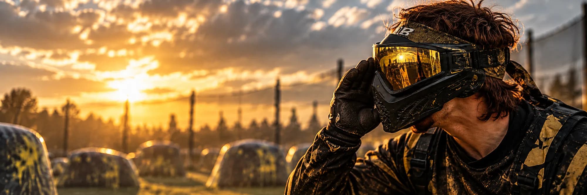 Paintball player adjusting their mask at sunset on a tournament field