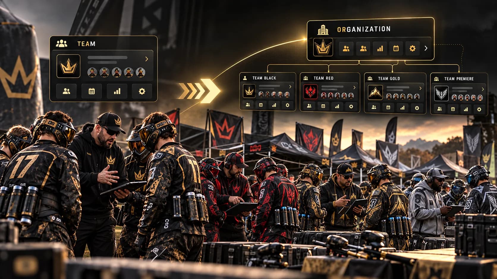 Paintball teams in black, red and gold jerseys at a tournament, with a diagram showing one team growing into an organization of several teams