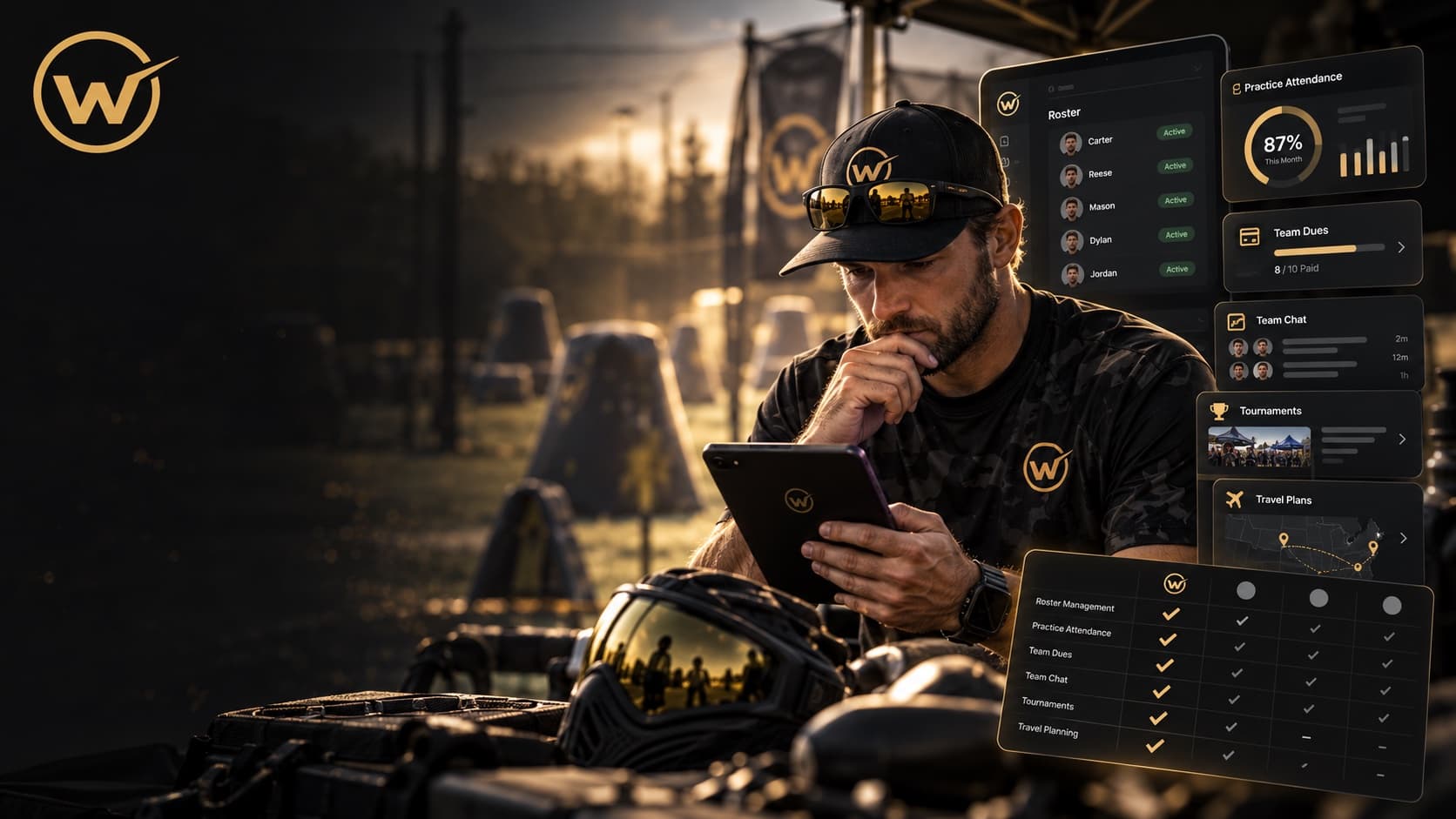 A paintball coach reviewing the team roster, practice attendance, dues, chat, tournaments and travel plans in WiredPB on a tablet at the field.