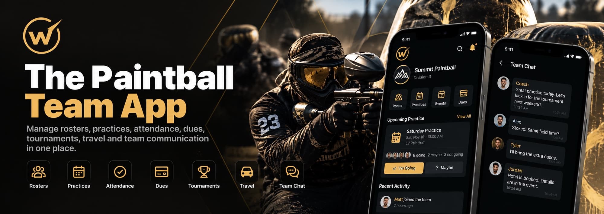 WiredPB paintball team management app showing team roster, practices, attendance and team communication.